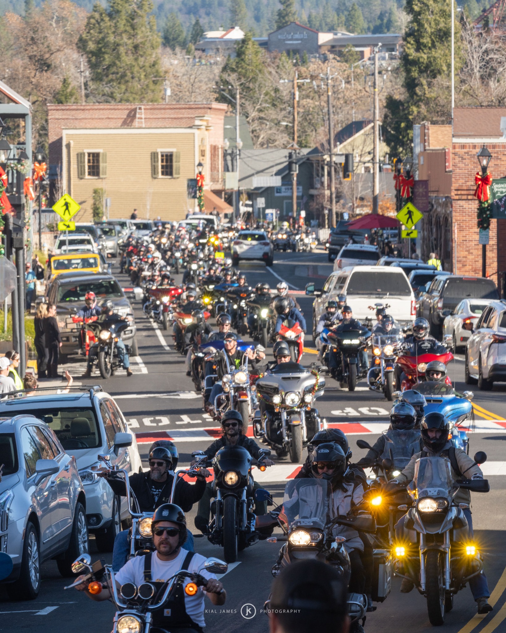 Toy Run motorcycles filling the street.